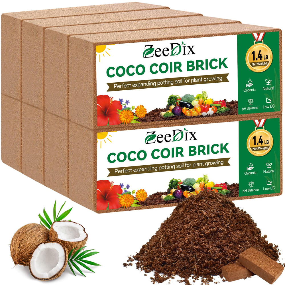 ZeeDix front packaging showing 8 compact coir bricks, saves storage