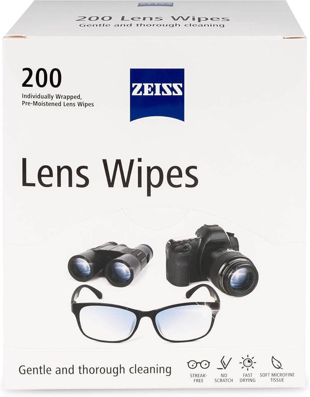 ZEISS paquete frontal mostrando 200 toallitas para limpieza segura