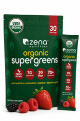 Zena Nutrition paquete frontal mostrando sobres y sello orgánico para confianza
