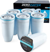 ZeroWater empaque de 6 filtros mostrando ahorro y reposición rápida