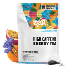 Zest packaging frontal mostrando diseño y beneficio de energía sostenida