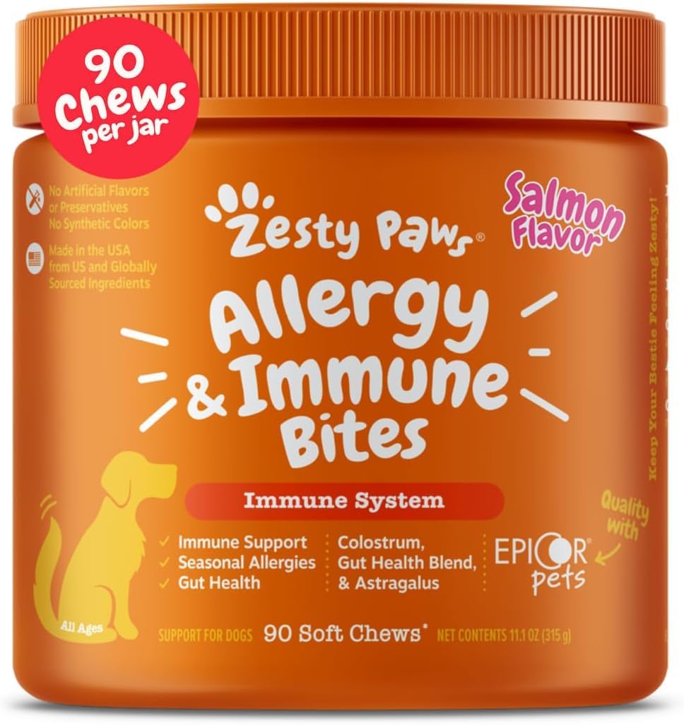 Zesty Paws envase frontal mostrando 90 gomitas y beneficios clave
