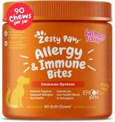 Zesty Paws envase frontal mostrando 90 gomitas y beneficios clave