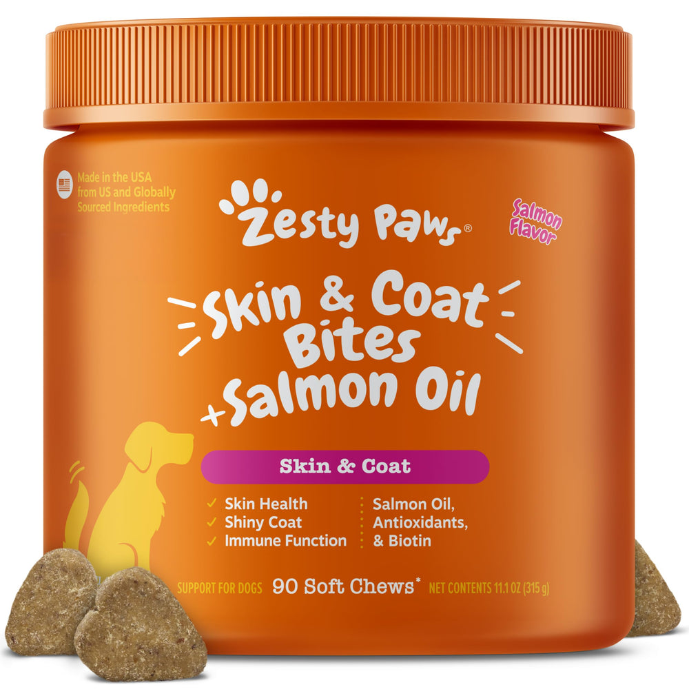 Zesty Paws envase frontal del suplemento para piel y pelaje, práctico