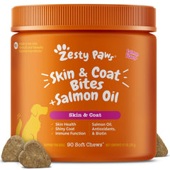 Zesty Paws envase frontal del suplemento para piel y pelaje, práctico