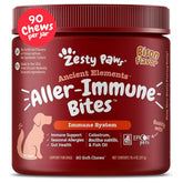 Zesty Paws frasco frontal mostrando 90 masticables bisonte, fácil administración