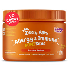 Zesty Paws frasco frontal mostrando 90 chews y ventaja de administración fácil