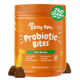 Zesty Paws frente del envase mostrando 250 masticables y beneficio digestivo