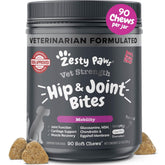 Zesty Paws frente del envase que muestra sabor Beef & Bacon y 90 chews, conveniencia