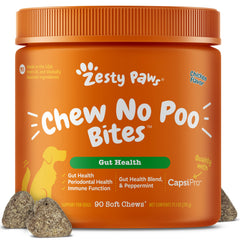Zesty Paws empaque frontal mostrando 90 mordiscos y beneficios digestivos