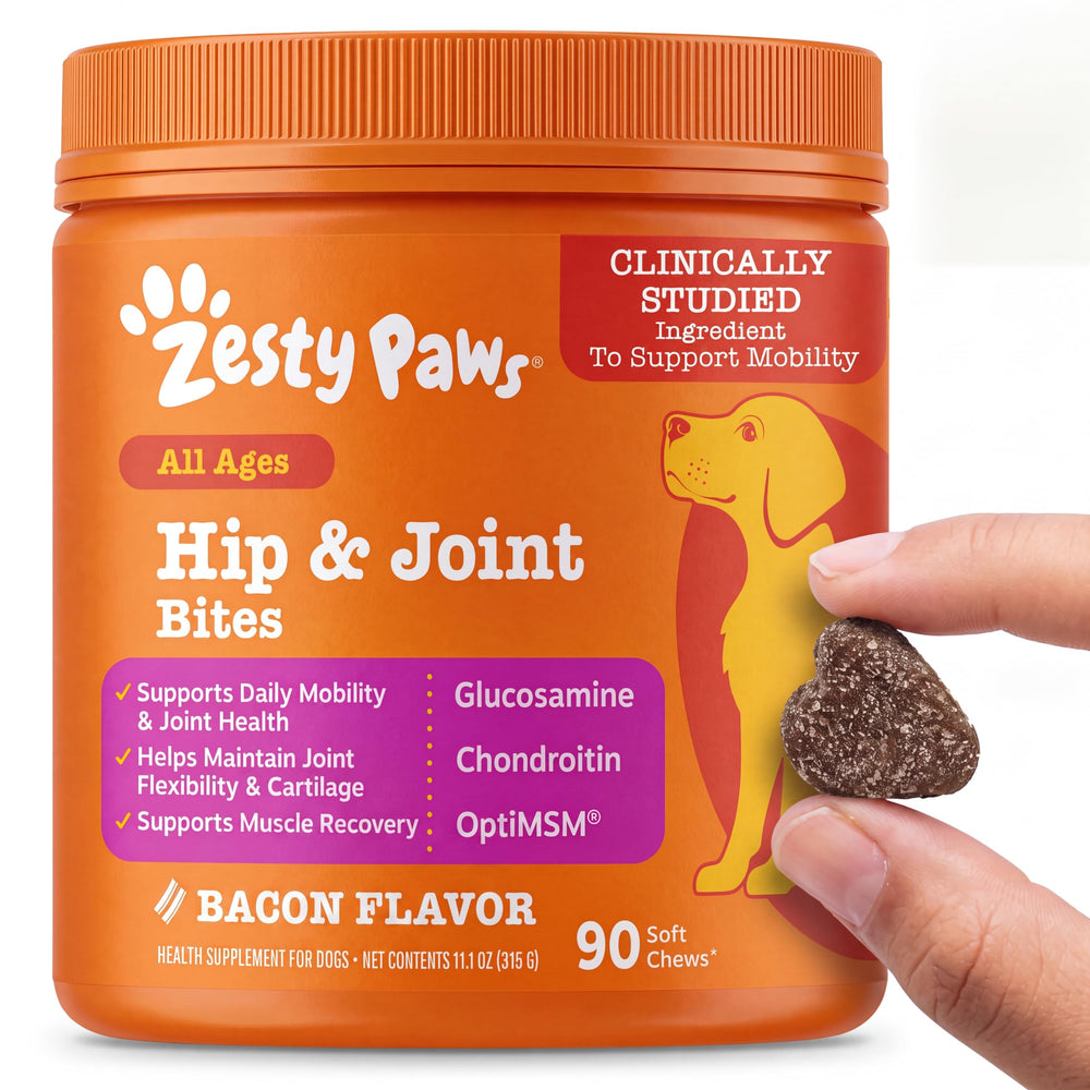 Zesty Paws vista frontal del envase mostrando formato y sabor bacon