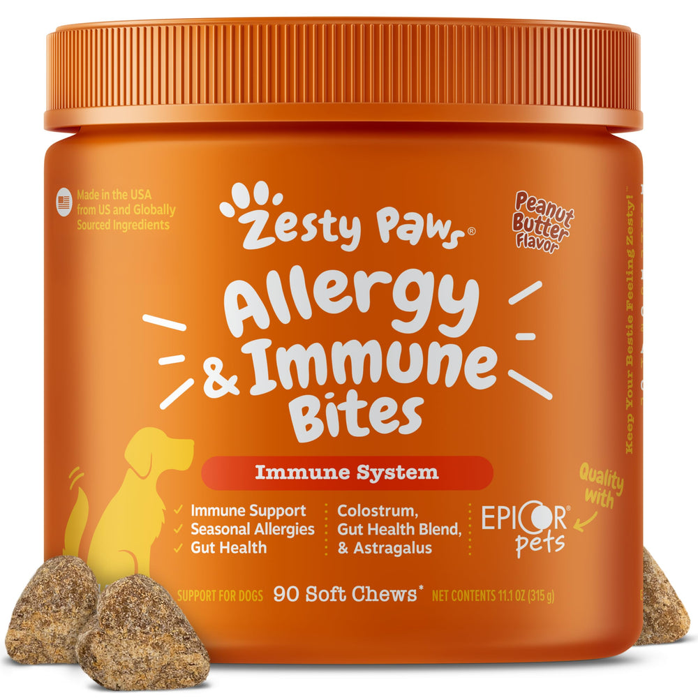 Zesty Paws envase frontal mostrando 90 chews y beneficio de alivio