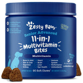 Zesty Paws envase frontal mostrando 90 masticables, facilita la administración diaria