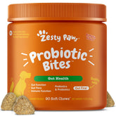 Zesty Paws frontal del envase mostrando 90 masticables y beneficios