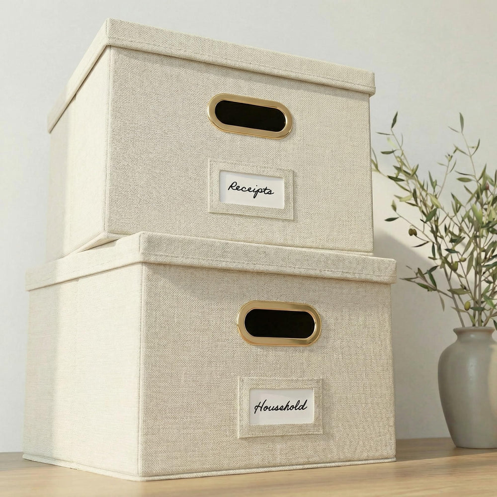 ZICOTO vista frontal cajas archivo elegantes y organizadas, ahorro de espacio