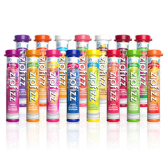 Zipfizz frente del empaque variedad mostrando 15 sobres y conveniencia