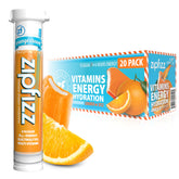 Zipfizz envase frontal mostrando 20 sobres y marca Zipfizz, conveniente para energía