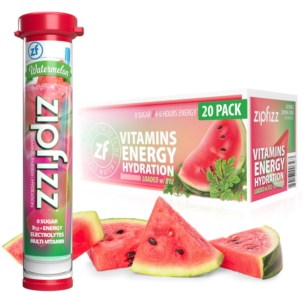 Zipfizz empaque frontal sabor Watermelon mostrando presentación práctica