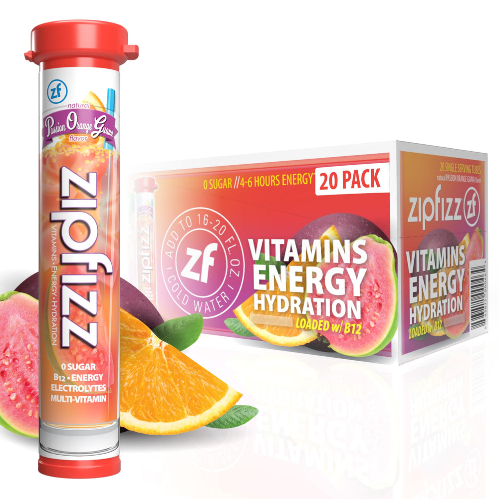 Zipfizz tubo frontal mostrando el empaque y sabor Passion Orange Guava, energía práctica