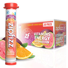 Zipfizz tubo frontal mostrando el empaque y sabor Passion Orange Guava, energía práctica