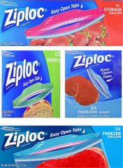 Ziploc frontal del paquete mostrando cierres y colores, organiza alimentos fácilmente