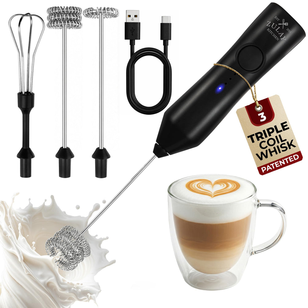 Zulay Kitchen espumador frontal mostrando diseño compacto y negro, ideal para preparar bebidas