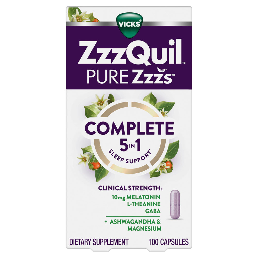 ZzzQuil envase frontal mostrando 100 cápsulas y beneficios nocturnos