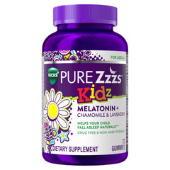 ZzzQuil envase PURE Zzzs Kidz frontal mostrando 72 gomitas y beneficios visibles