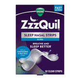 ZzzQuil empaque frontal mostrando 52 tiras para dormir, mejora respiración