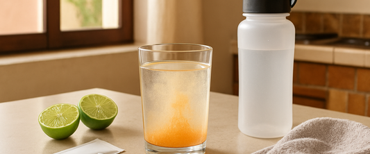 Vaso con electrolitos en polvo, sobres y botella deportiva — guía de rehidratación