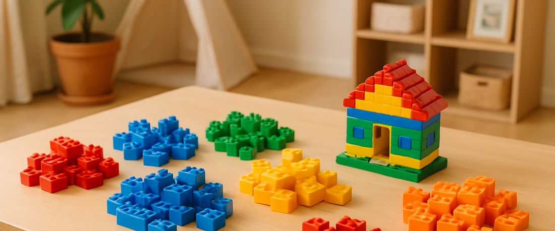 Bloques de construcción coloridos sobre mesa de juegos — guía LEGO por edades
