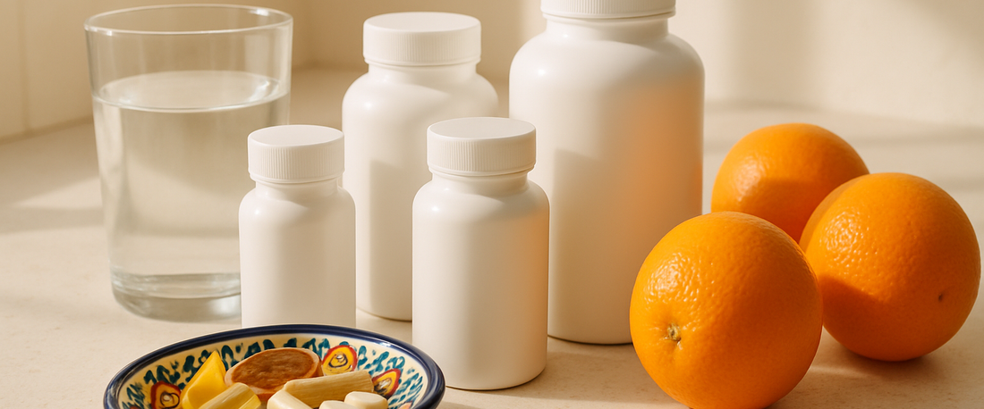 Frascos de suplementos y cápsulas sobre una barra de cocina — guía para elegir multivitamínico