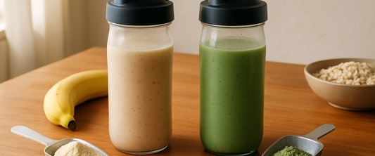 Batidos de proteína y scoops de polvo sobre barra de madera — whey vs proteína vegetal