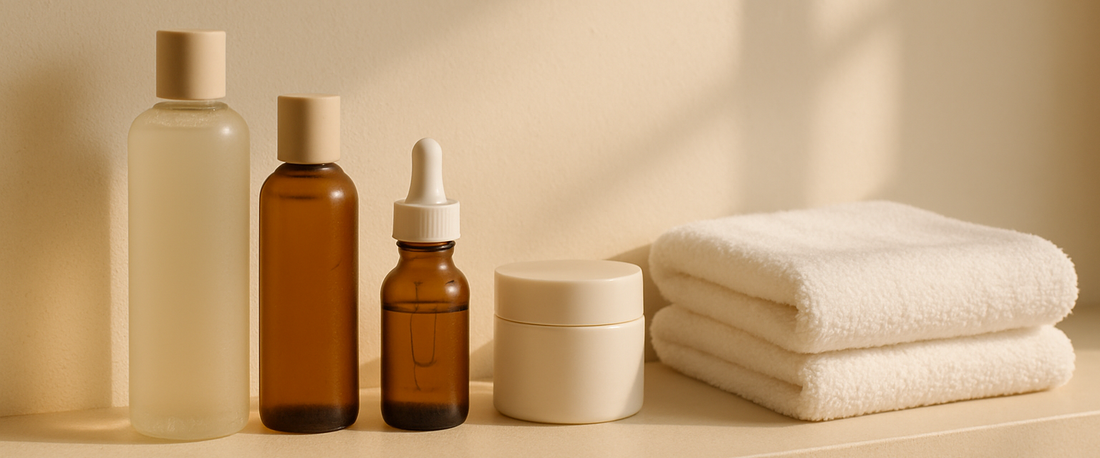 Productos de skincare minimalistas en repisa de baño — rutina de 4 pasos