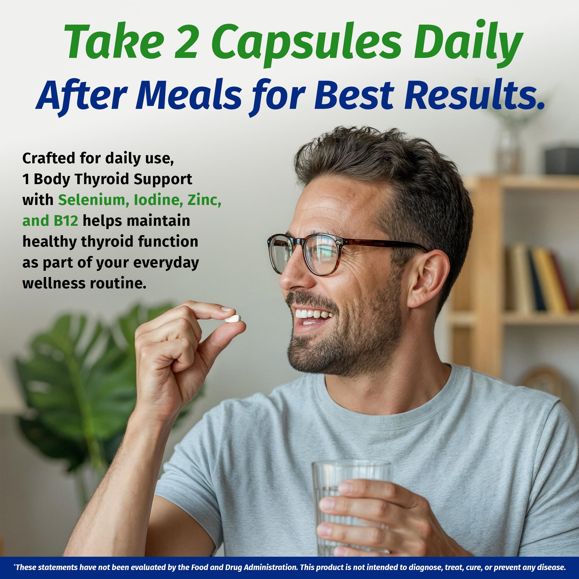 1 Body supplement on kitchen counter with woman preparing breakfast