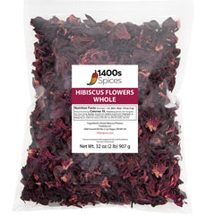 1400S SPICES paquete frontal mostrando 2 lb de flores de hibisco, ideal para comprar a granel