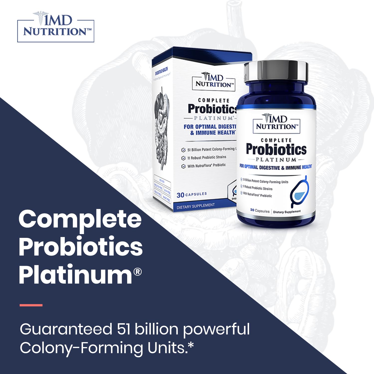 1MD Nutrition caja abierta con 30 cápsulas para suministro mensual