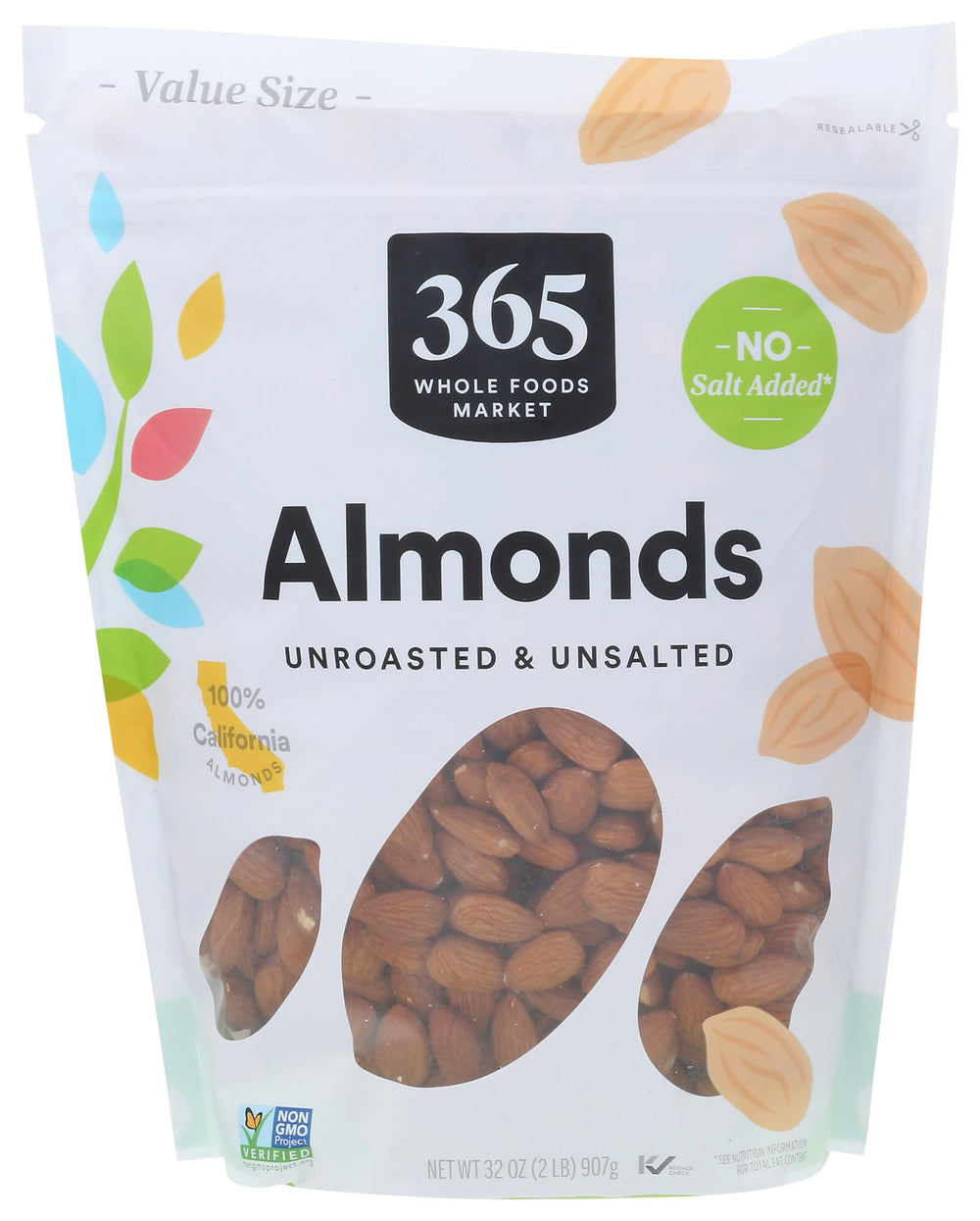 365 by Whole Foods Market bolsa frontal con almendras crudas, visibilidad clara y conveniencia