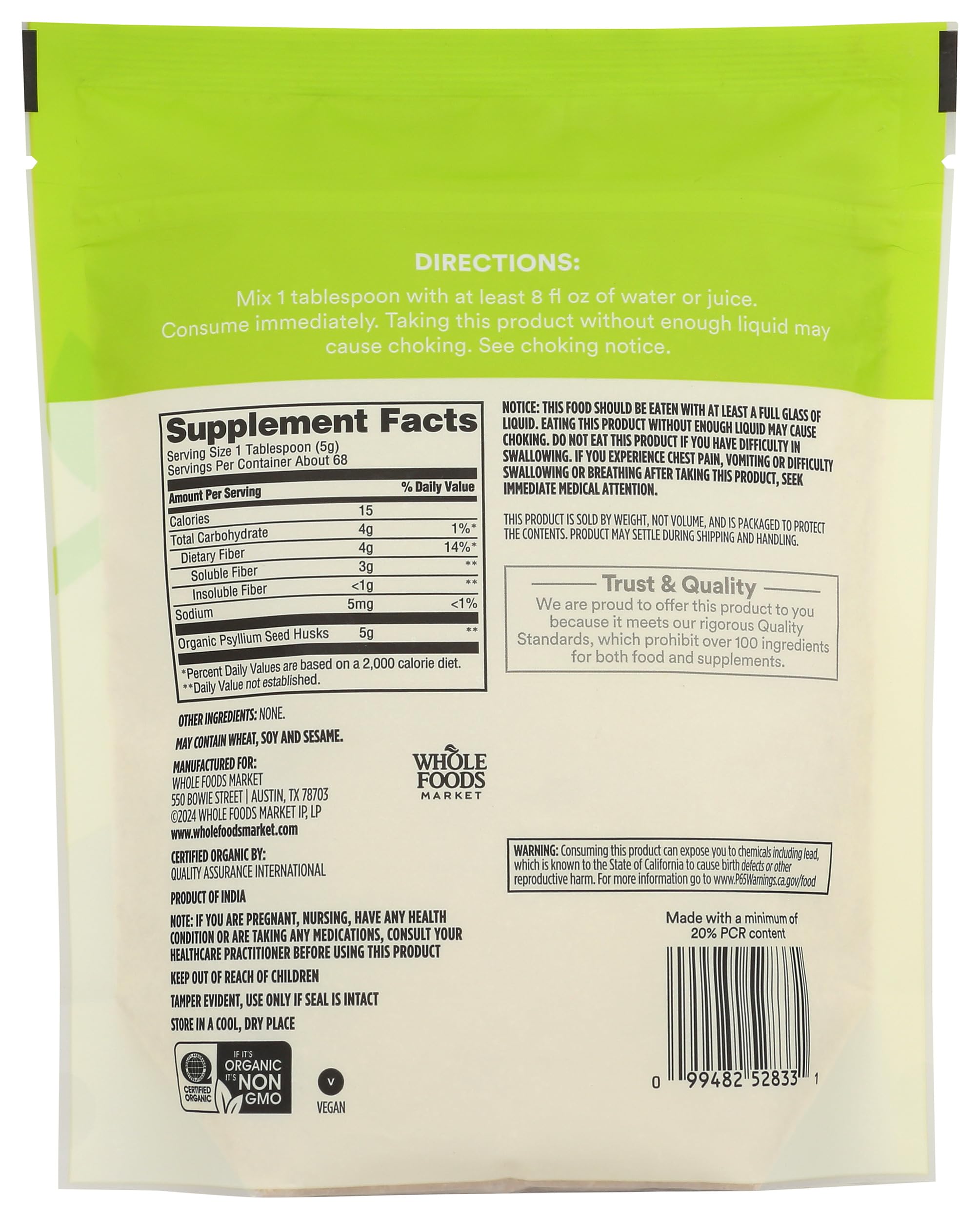 365 by Whole Foods Market primer plano del polvo de psyllium mostrando textura fina