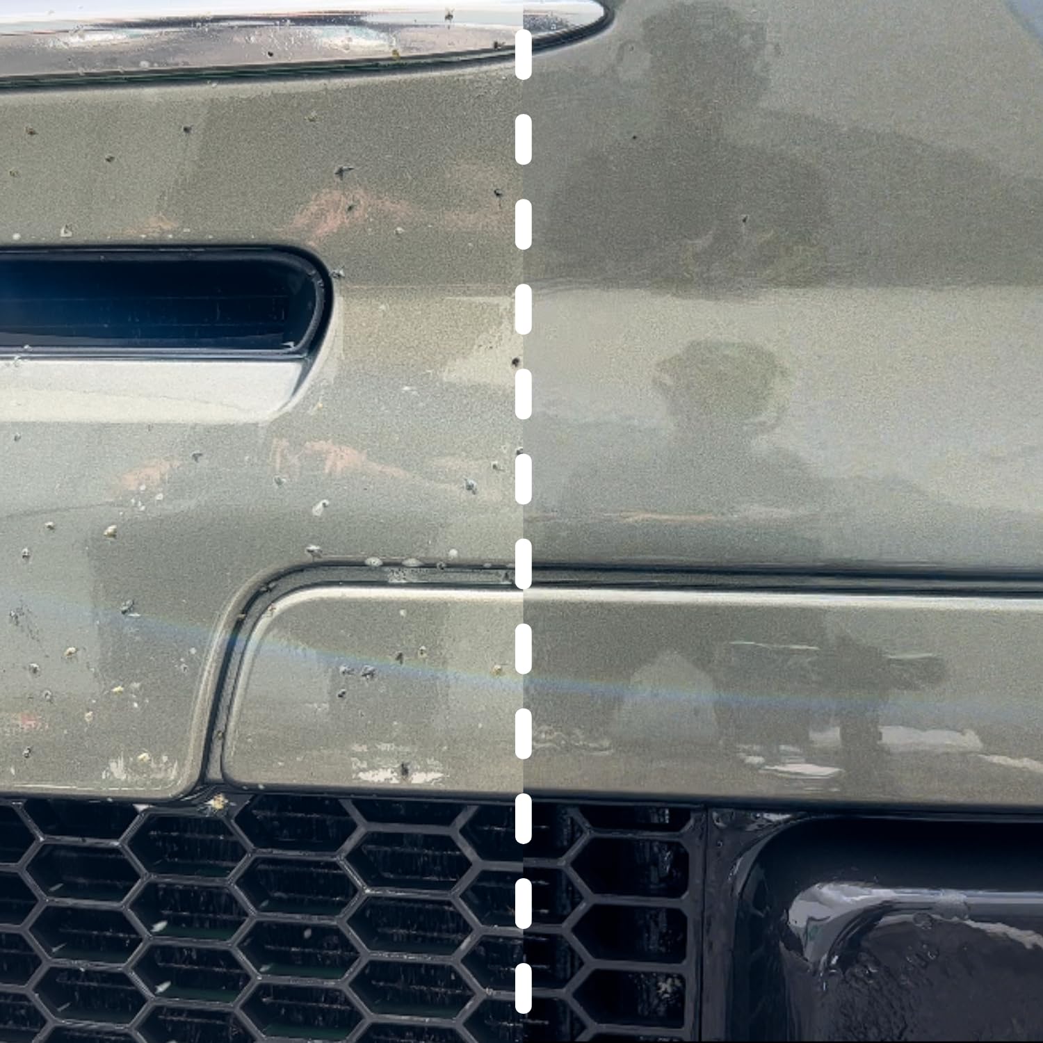 3D Bug Remover imagen antes y después en capó que demuestra eliminación de manchas