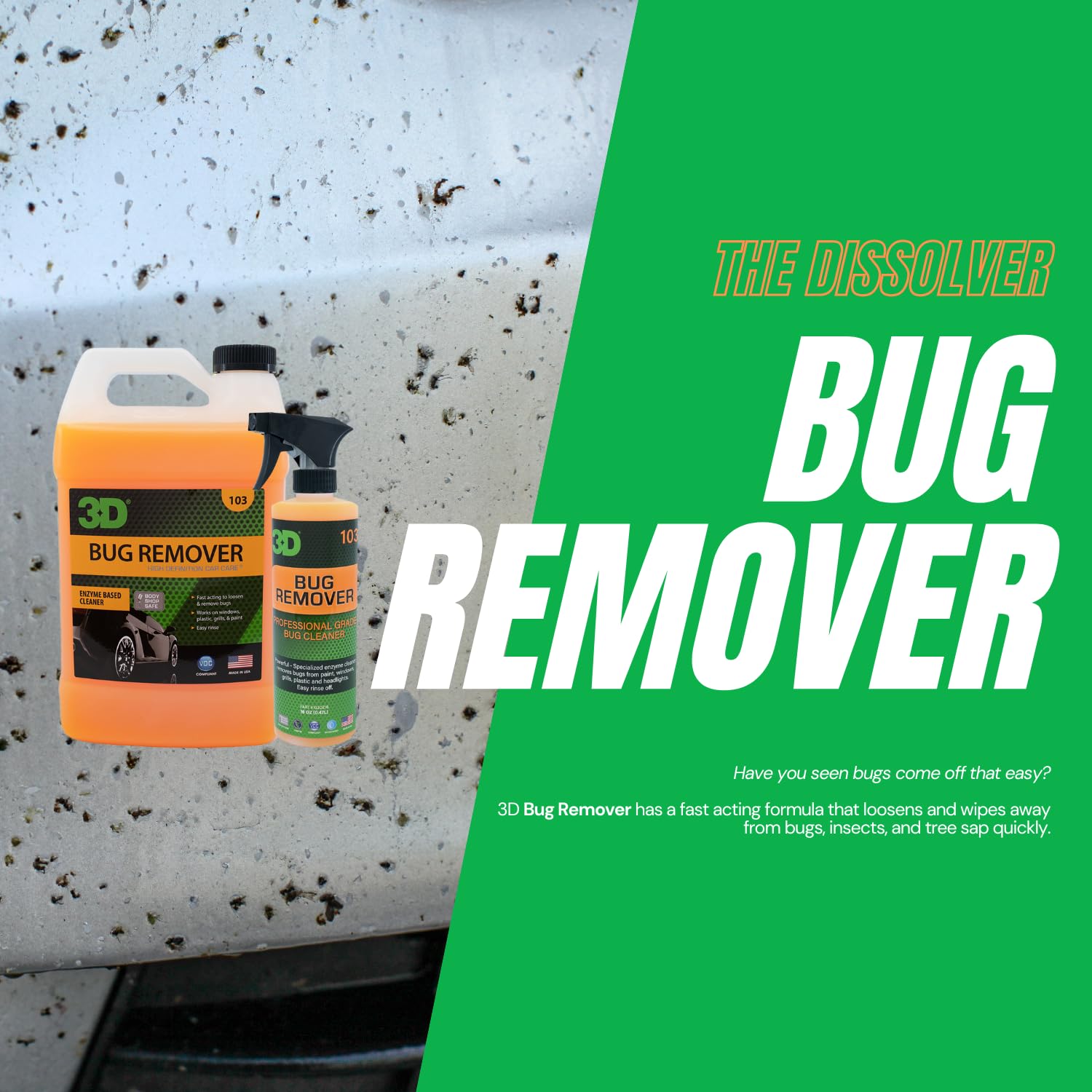 3D Bug Remover aplicándose en vehículo con spray para eliminar insectos sin frotar