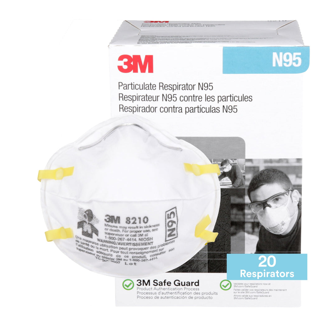 3M 8210 frontal del envase mostrando el producto y la marca para seguridad laboral