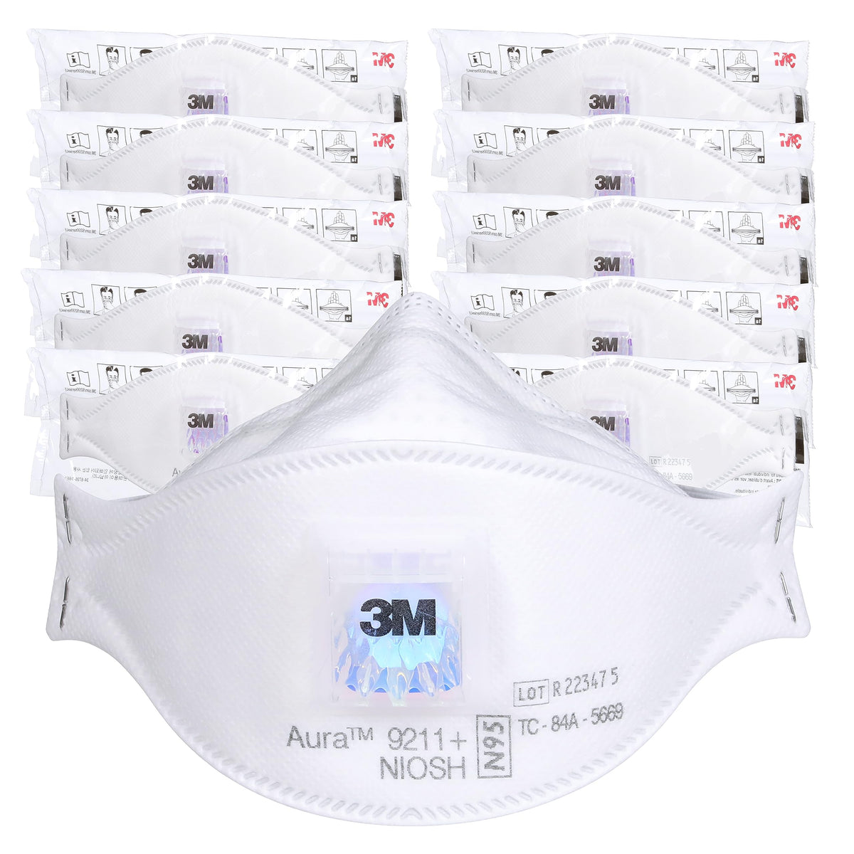 3M Aura 9211 vista frontal del respirador y empaque, protección cómoda