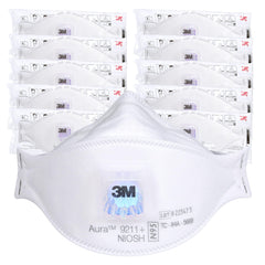 3M Aura 9211 vista frontal del respirador y empaque, protección cómoda