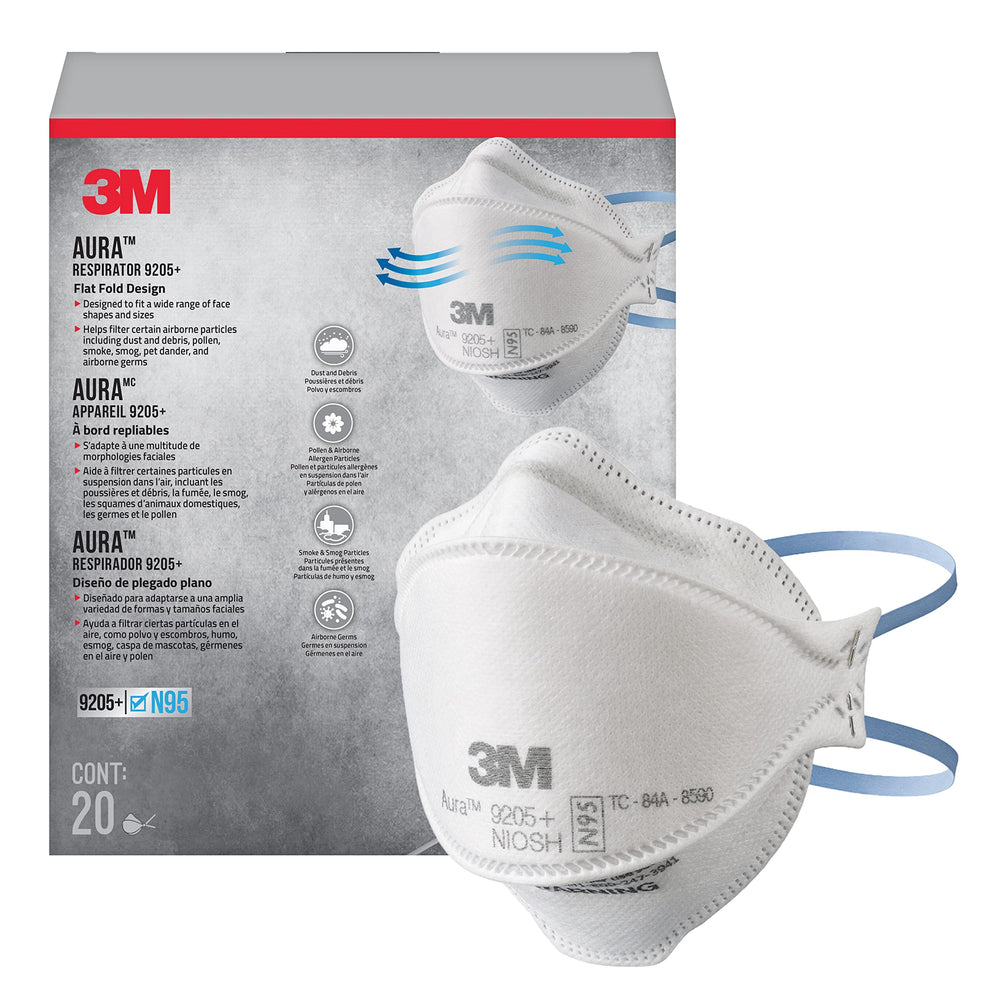 3M Aura frente del empaque que muestra paquete de 20 respiradores y protección
