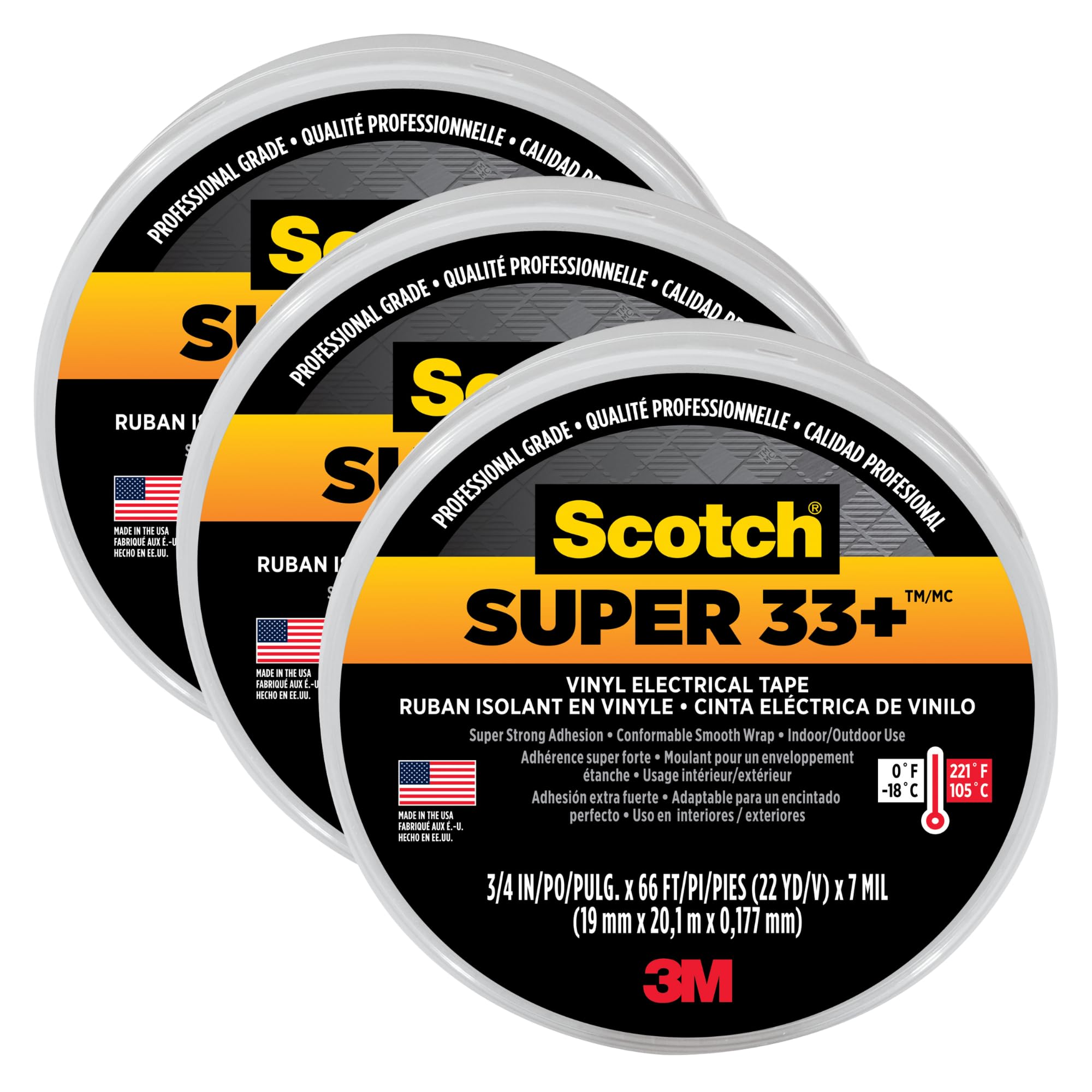 3M Scotch Super 33+ frontal que muestra el rollo y beneficios de aislamiento