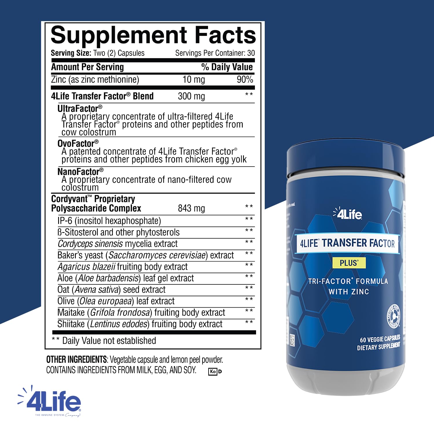 4Life etiqueta con lista de ingredientes y detalles de la mezcla de hongos y zinc para transparencia