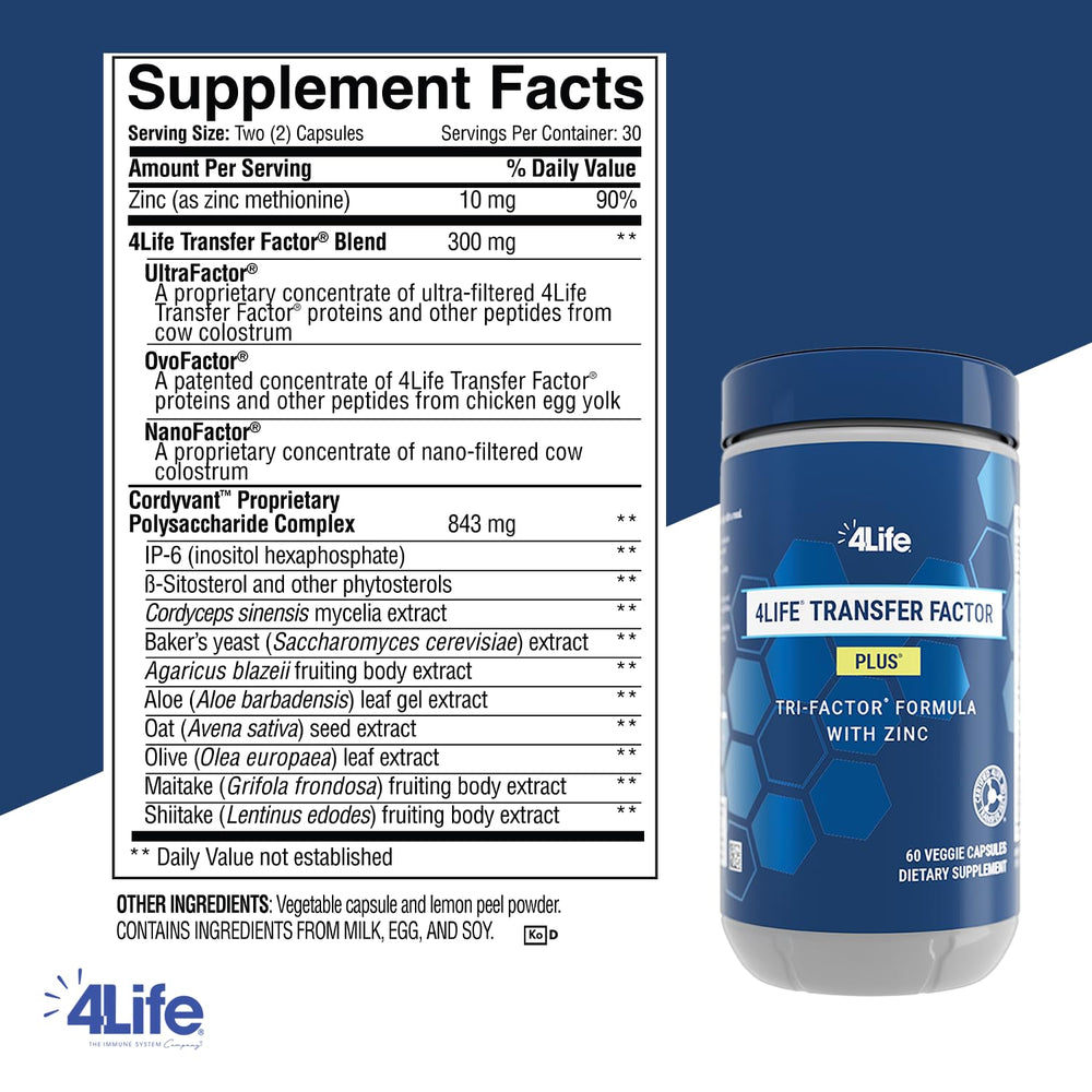 4Life etiqueta con lista de ingredientes y detalles de la mezcla de hongos y zinc para transparencia
