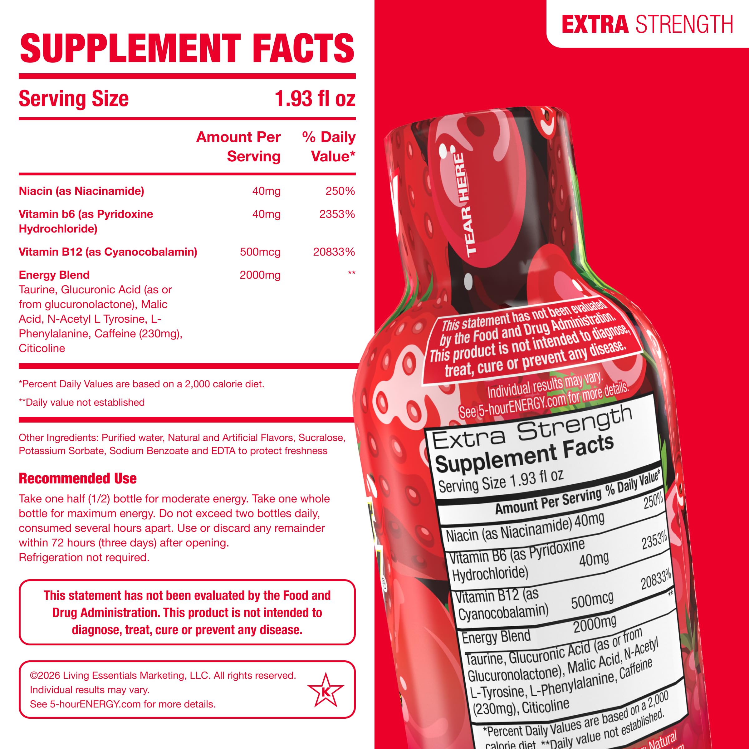 5-hour ENERGY etiqueta Extra Strength legible con información clara