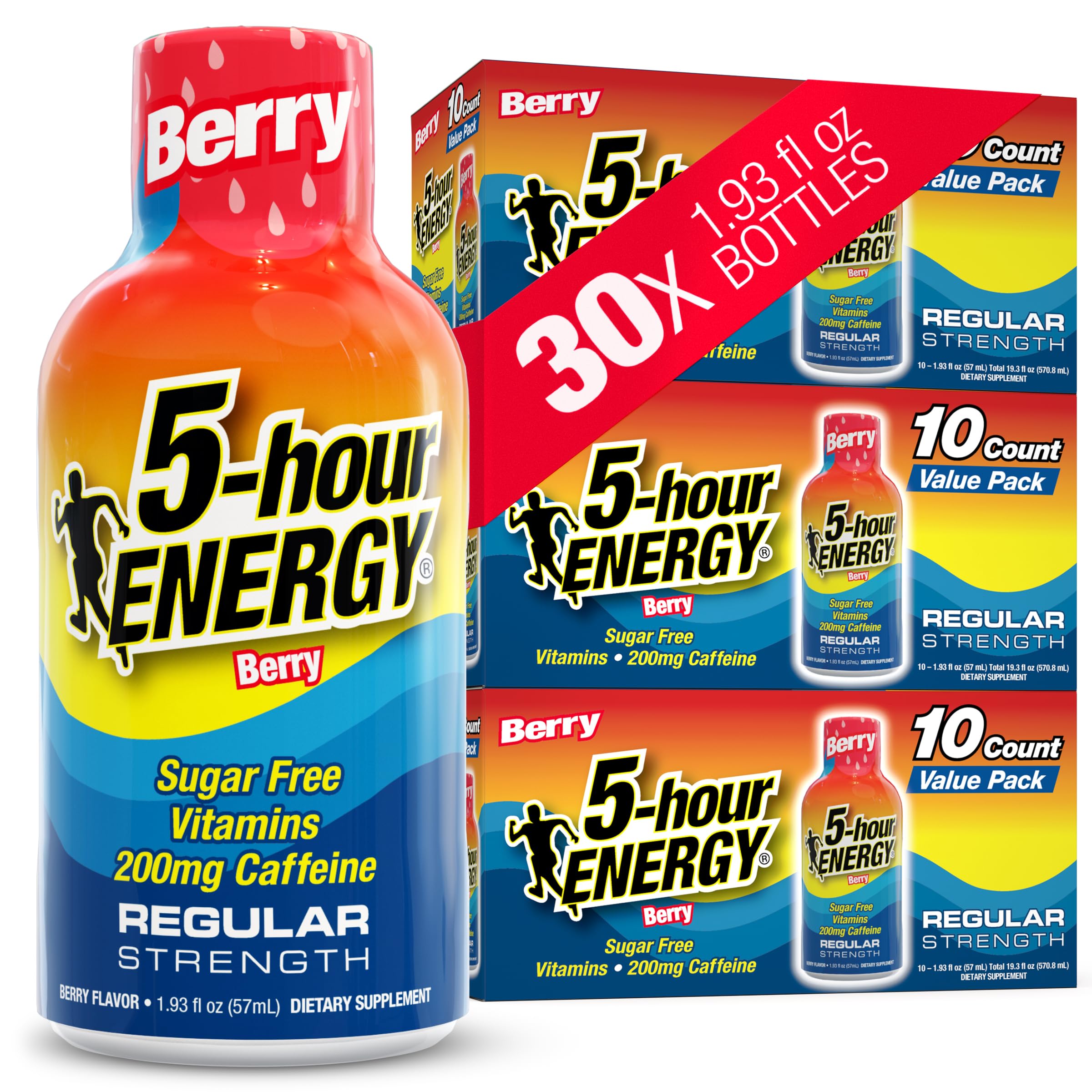 5-hour ENERGY frente del empaque Berry mostrando 30 unidades y conveniencia